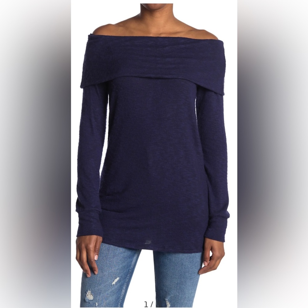 Go Couture Navy Foldover Off-the-Shoulder Tunic Sweater Size Large NWT